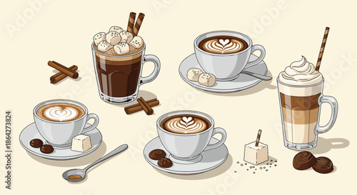 Diverse collection of coffee drinks including lattes, cappuccinos, and hot chocolate with marshmallows and cinnamon sticks on a beige background.