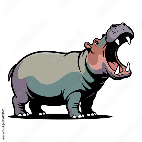 A playful and colorful illustration of a hippo with its mouth wide open, displaying its sharp teeth, showcasing the vibrant and energetic nature of this African mammal