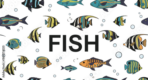 Vibrant pattern of many different species of colorful tropical fish swimming together with the word FISH in large black letters.
