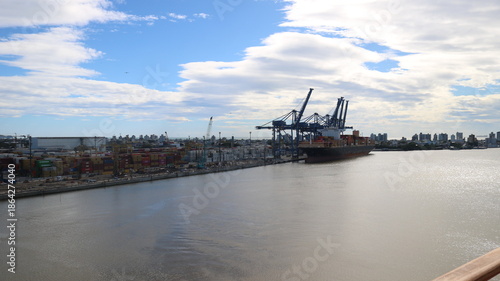 Cargo and cruise ship port of Itajaí, Santa Catarina, Brazil, showing some ships and the channel through which the ships pass.