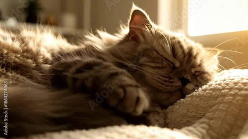 Cozy Kitten Napping Peacefully In Golden Sunlight, Warm And Serene Moment Captured