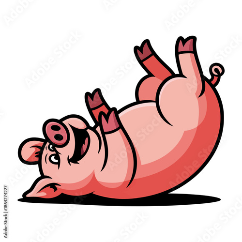 cartoon pig character rolling on its back with a happy smile, playful and funny illustration of a farm animal in a cute and whimsical style