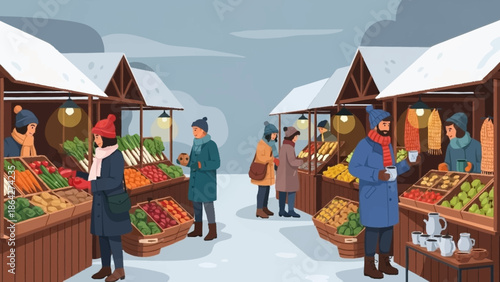 Cozy winter market scene bustling with shoppers exploring traditional wooden stalls offering fresh produce and warm drinks amidst a picturesque snowy landscape