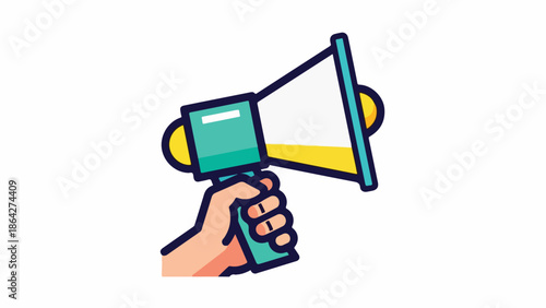 A hand holding a colorful megaphone against a clean white background with bold graphic design.
