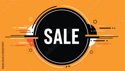SALE vector illustration with bold central typography inside circular frame and decorative abstract elements, flat design suitable for digital ads, posters, and retail promotions