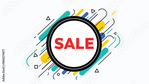 SALE vector illustration with bold central typography inside circular frame and decorative abstract elements, flat design suitable for digital ads, posters, and retail promotions