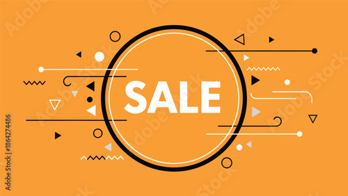 SALE vector illustration with bold central typography inside circular frame and decorative abstract elements, flat design suitable for digital ads, posters, and retail promotions