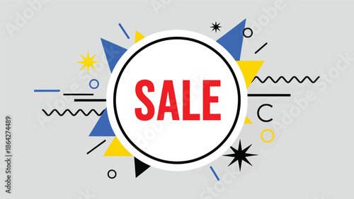 SALE vector illustration with bold central typography inside circular frame and decorative abstract elements, flat design suitable for digital ads, posters, and retail promotions