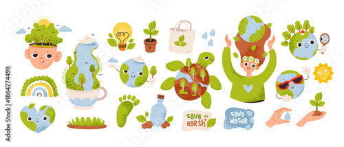 Earth Day and sustainability, featuring eco-friendly icons like plants, the planet, recycling, conservation, green energy, and nature protection. Flat vector illustration set.