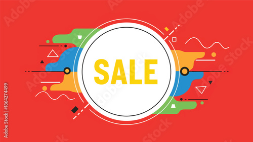SALE vector illustration with bold central typography inside circular frame and decorative abstract elements, flat design suitable for digital ads, posters, and retail promotions