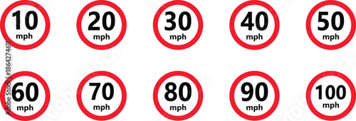 Collection of ten circular red and white speed limit signs showing mph values road sign traffic sign