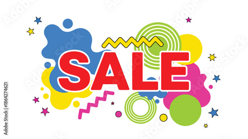 Vibrant SALE vector poster with large centered text and playful abstract shapes, flat illustration perfect for eye-catching ecommerce promotions and retail advertising campaigns