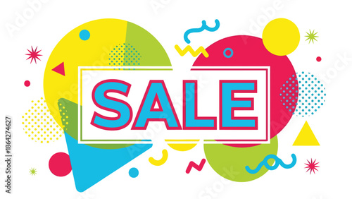 Vibrant SALE vector poster with large centered text and playful abstract shapes, flat illustration perfect for eye-catching ecommerce promotions and retail advertising campaigns
