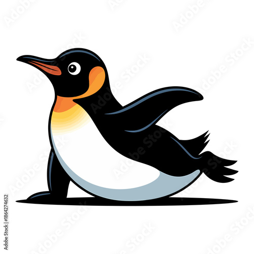 cartoon penguin walking with flippers outstretched, cute and colorful illustration of a playful bird