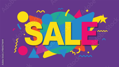 Vibrant SALE vector poster with large centered text and playful abstract shapes, flat illustration perfect for eye-catching ecommerce promotions and retail advertising campaigns