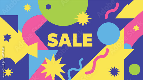 Vibrant SALE vector poster with large centered text and playful abstract shapes, flat illustration perfect for eye-catching ecommerce promotions and retail advertising campaigns