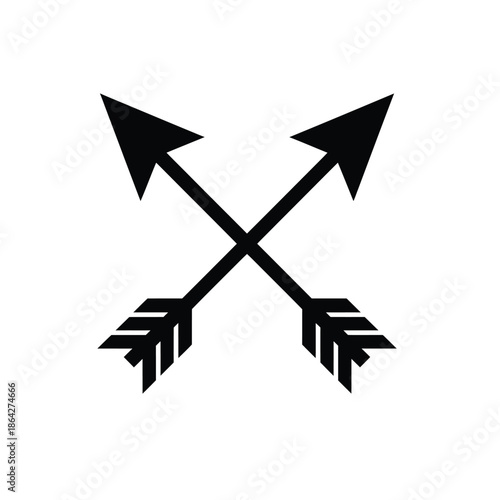 Two black arrows crossed in an X shape, pointing in opposite diagonal directions, with fletched tails, on a white background.
