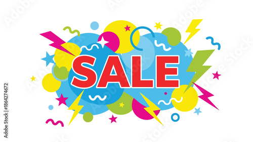 Vibrant SALE vector poster with large centered text and playful abstract shapes, flat illustration perfect for eye-catching ecommerce promotions and retail advertising campaigns