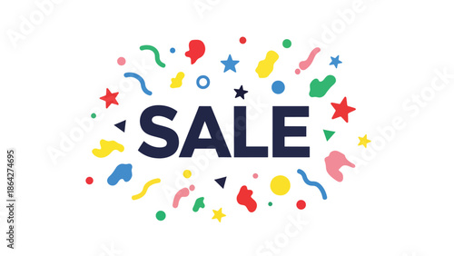 SALE vector illustration with bold centered typography surrounded by festive abstract shapes, flat design perfect for promotional ads, banners, and online shopping events