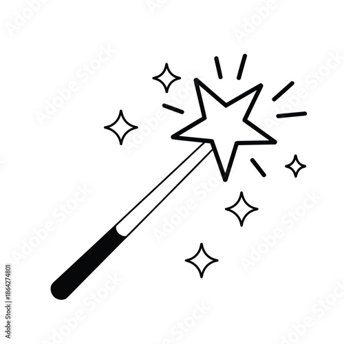 A simple black and white line drawing of a magic wand with a sparkling star at its tip, symbolizing enchantment and wishes.