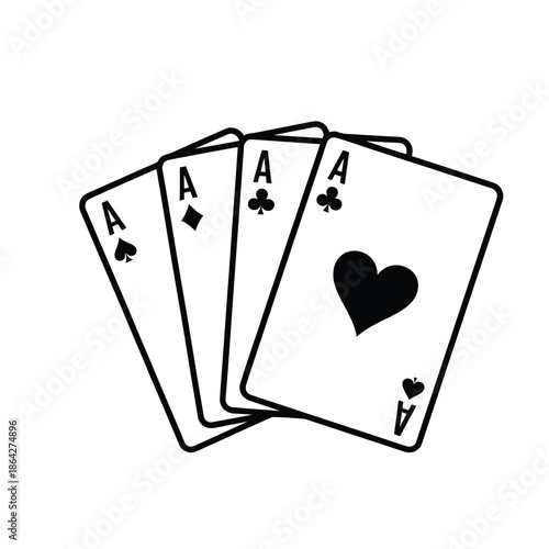 Black and white illustration of four aces playing cards, fanned out to display each suit, representing games and chance.
