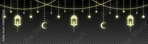 Hanging Golden Ramadan Lanterns and Crescent Moon Garland with Glowing Light Effects on Transparent Background