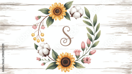 Wreath of sunflowers and flowers on white wood background
