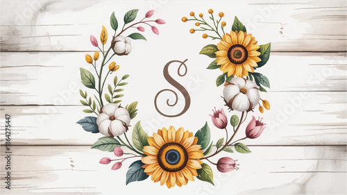 Wreath of sunflowers cotton flowers and leaves on white wood background