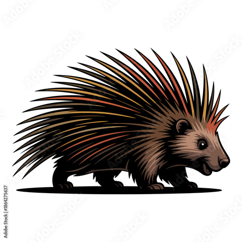 cartoon porcupine walking with sharp spines, playful and colorful illustration of a wild mammal