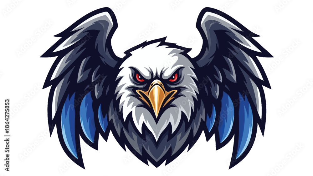 Obraz premium Digital illustration of a fierce eagle head with outstretched wings, sharp beak, and intense gaze on a plain white background.