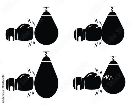 Boxer hitting a punching bag silhouette vector illustration. Sports equipment, fitness, challenge and boxing gloves black silhouette. Vector illustration.