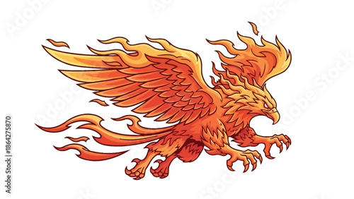 Illustration of a fiery phoenix with outstretched wings and flames on a white background.