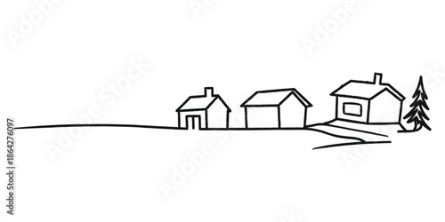 Landscape with village houses line drawing, Continuous one line drawing, Rural landscape continuous one line vector drawing. Lake house in the woods hand drawn silhouette.
