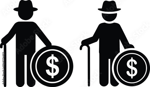 Elderly figures with canes and dollar coins symbolize financial security and retirement planning.