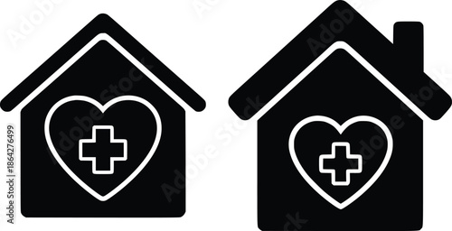 Two stylized houses with hearts and medical crosses symbolizing care and healthcare services