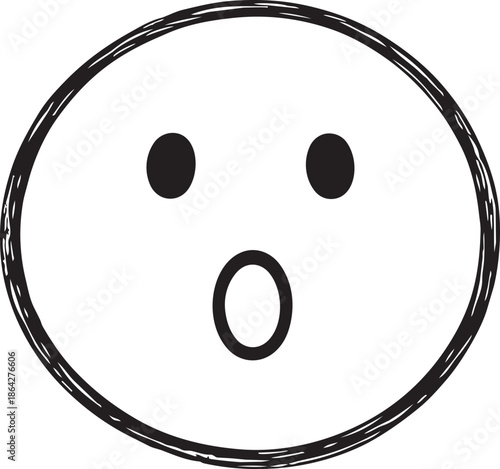 Surprised or Shocked Face Emoticon with Open Mouth, Hand Drawn Black and White Sketch of an Amazed Smiley