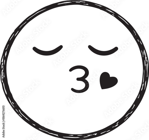 Face Blowing a Kiss Emoticon with Small Heart, Hand Drawn Black and White Illustration of a Romantic Kissing Smiley