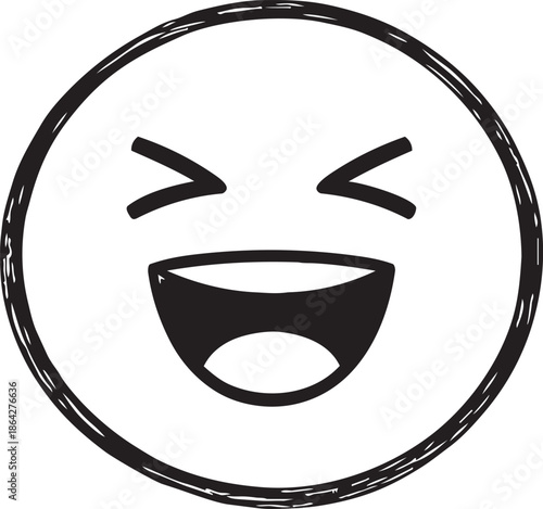 Squinting Face with Big Open Mouth Laughing, Hand Drawn Black and White Sketch of a Hilarious Laughing Out Loud Smiley