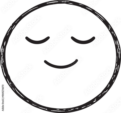 Peaceful or Relieved Face Emoticon with Closed Eyes, Hand Drawn Black and White Sketch of a Calm Satisfied Smiley