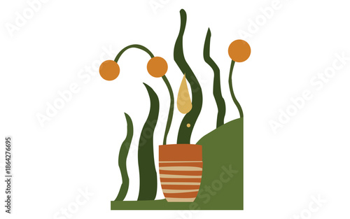 Abstract floral composition with organic shapes and plants in earthen clay pot