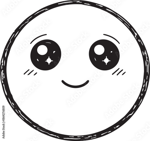 Cute Kawaii Face with Sparkly Eyes and Blush, Hand Drawn Black and White Illustration of a Shy Happy Smiley