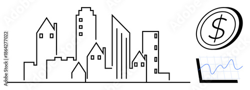 Real estate, investment trends, urban planning, financial growth, business strategy, economic analytics. City skyline, dollar icon and growth chart. Real estate and investment trends concept
