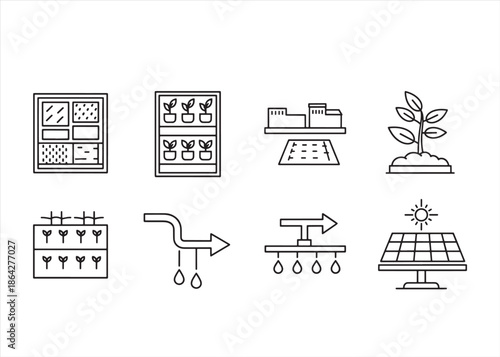 Urban Agriculture Silhouette Icon Set with Rooftop Gardens and Sustainable Farming