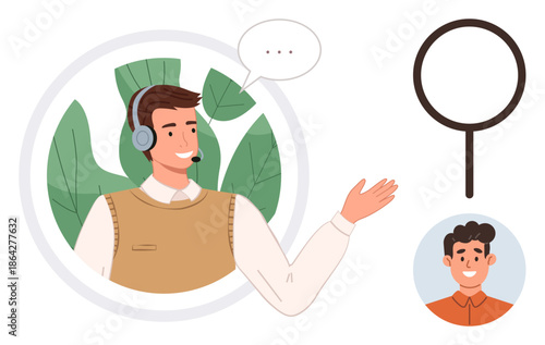 Customer service, technology support, virtual assistance, online communication, team connection, client interaction. Call center agent with headset gesturing and connected to a client. Customer