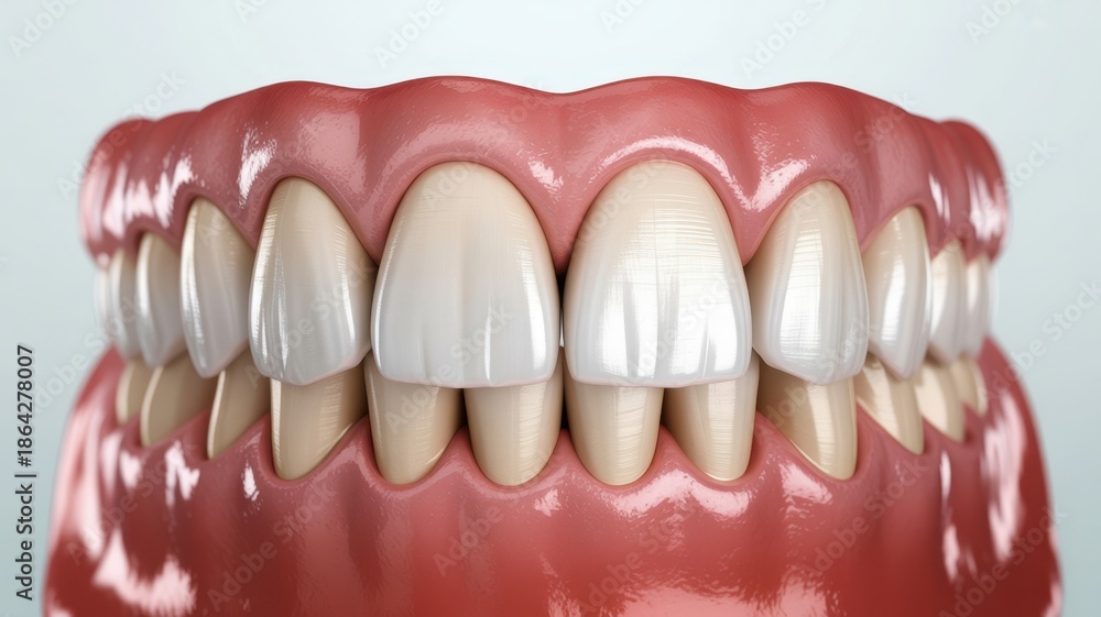 Obraz premium Displaying perfect white teeth alongside swollen gums highlighting gingivitis, emphasizing the importance of dental hygiene and the impact of oral health issues on well being