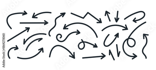 Hand drawn arrow set illustration, abstract direction and movement symbols navigation, flow, process and guidance concept isolated on white background flat vector illustration.	