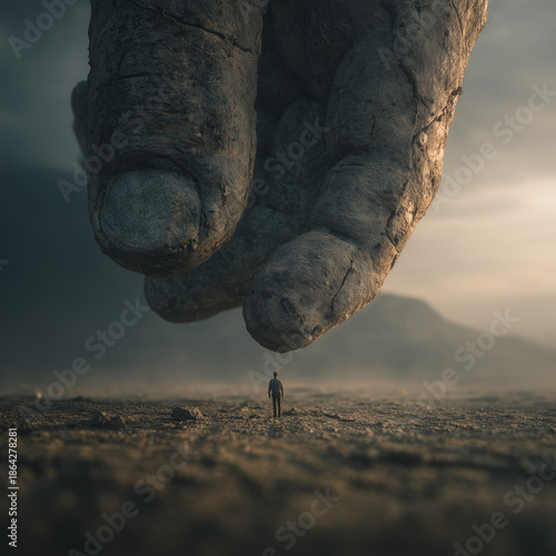 Surreal view of a large hand formed by rocks, near a very small person, desolate landscape, ai generative