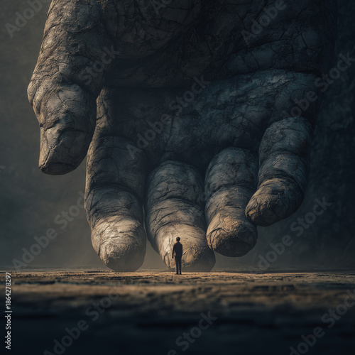 Surreal view of a large hand formed by rocks, near a very small person, desolate landscape, ai generative