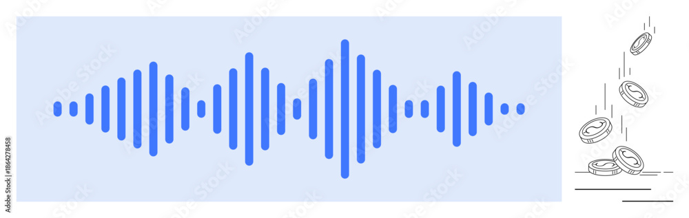 Obraz premium Audio monetization, sound engineering, financial technology, cryptocurrency, sound design, economic concepts. Blue soundwave alongside falling coins. Audio monetization and financial technology