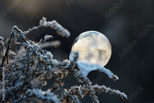 Frozen bubble in nature. A beautiful macro shot of nature in winter. Concept for environment, water and frost.